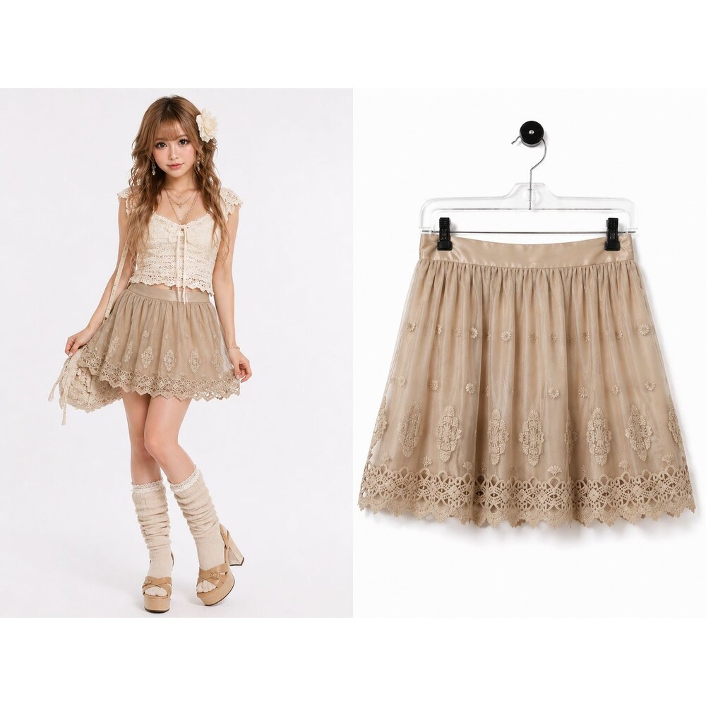 New bebe Circle Skirt Size 8 Beige Embroidery Eyelet Mesh himekaji gyaru Style